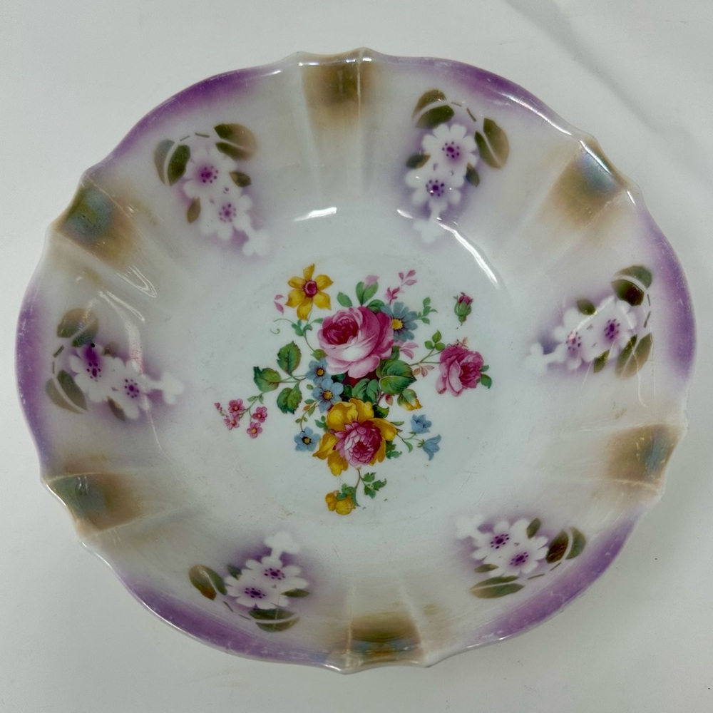 Vintage German‎ Lusterware  Porcelain Rose Floral Serving Bowl Dish A1